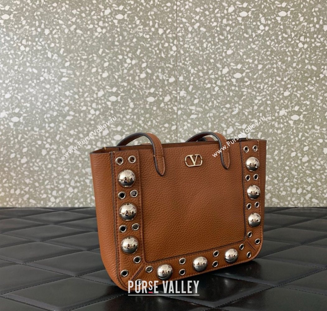 Valentino Mini Nellcôte Shopping Bag in Grainy Calfskin with Ball Studs Brown 2025 0078 (LKF-250626044)