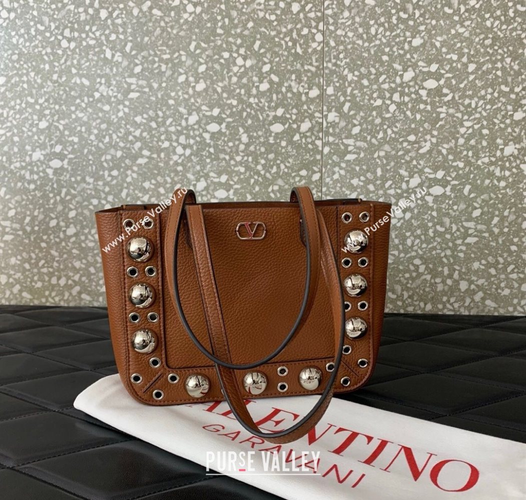 Valentino Mini Nellcôte Shopping Bag in Grainy Calfskin with Ball Studs Brown 2025 0078 (LKF-250626044)