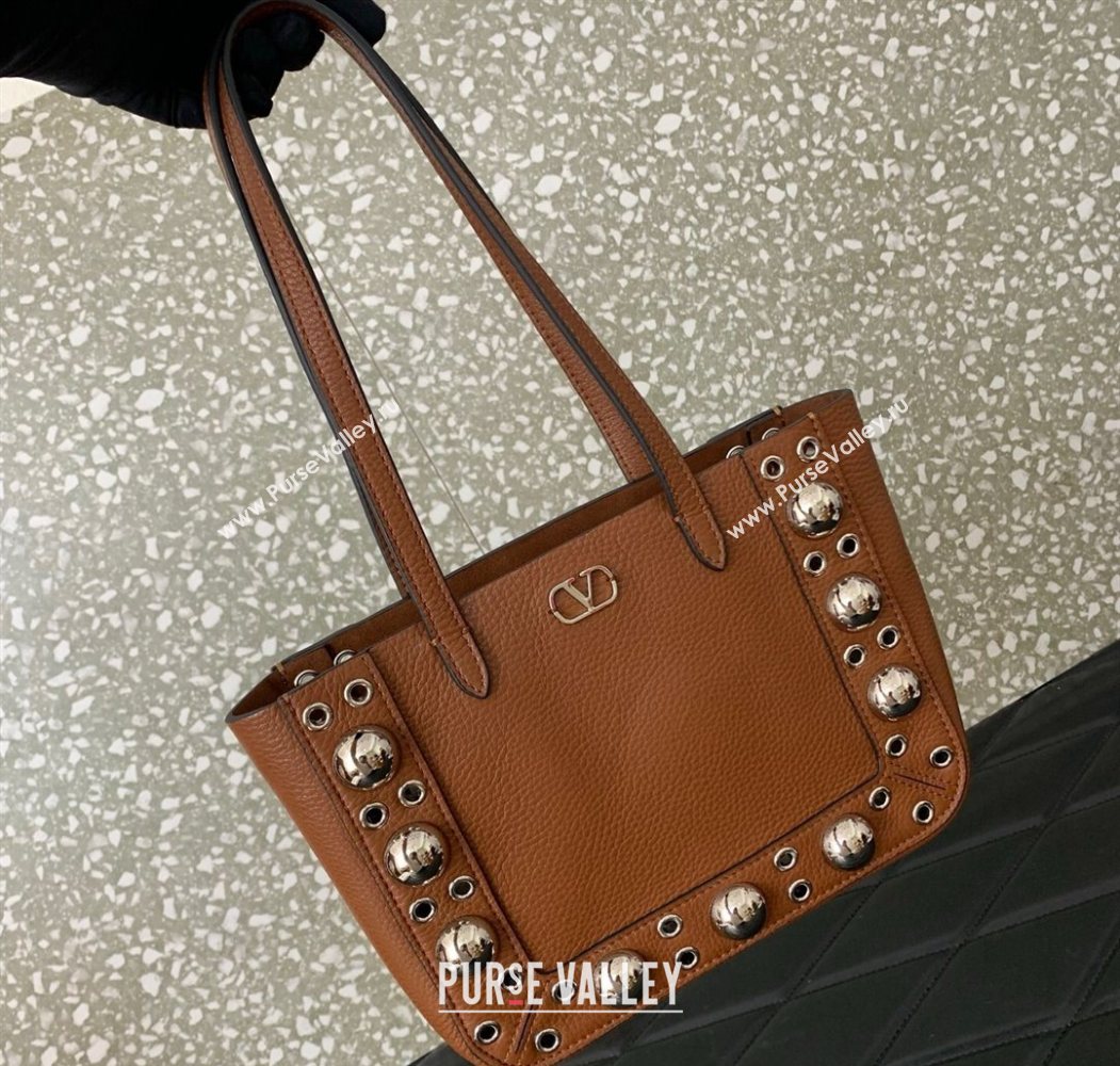 Valentino Mini Nellcôte Shopping Bag in Grainy Calfskin with Ball Studs Brown 2025 0078 (LKF-250626044)