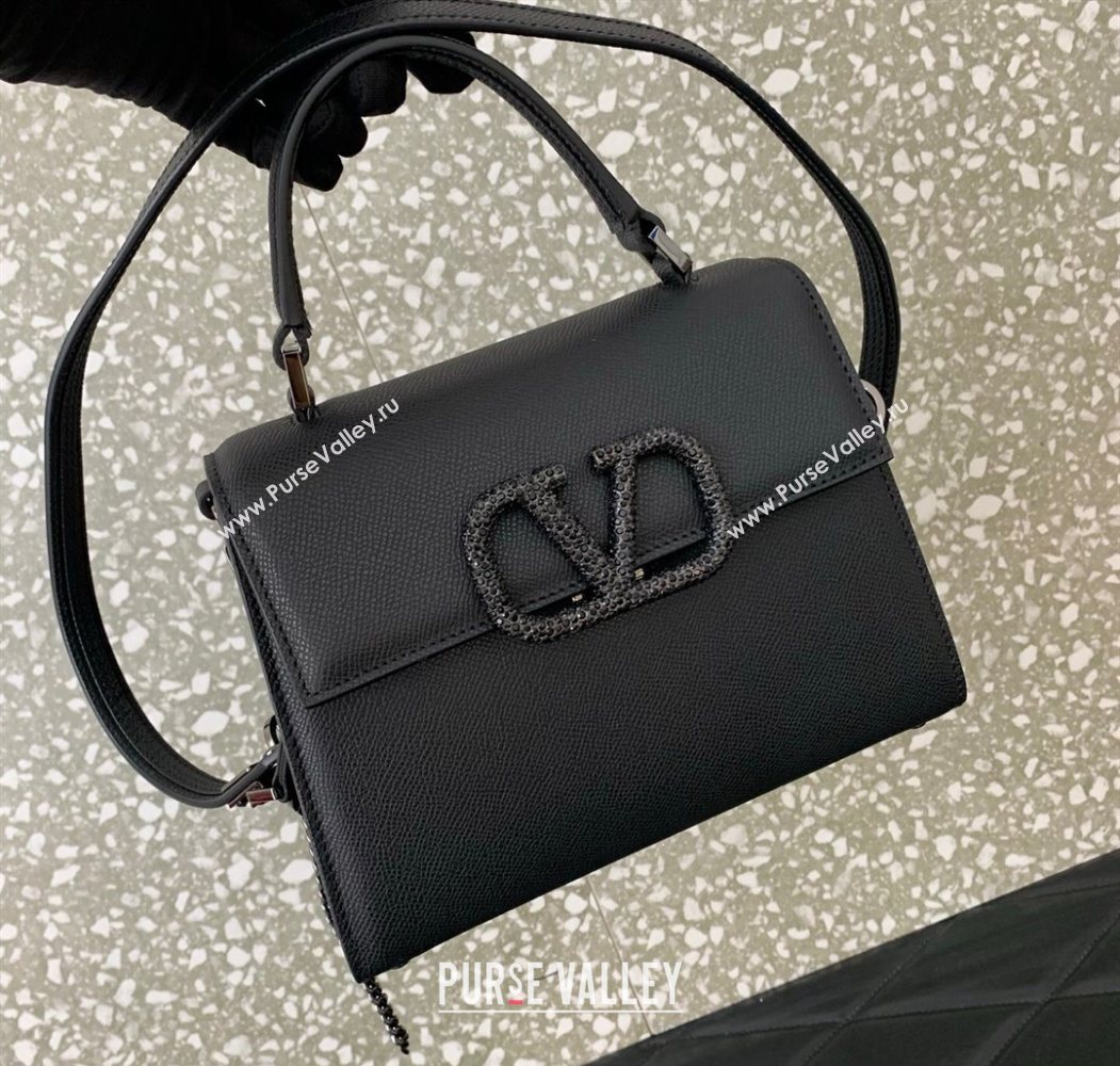 Valentino Small VSLING Grainy Calfskin Handbag with Strass Black 2025 7020 (LKF-250626012)