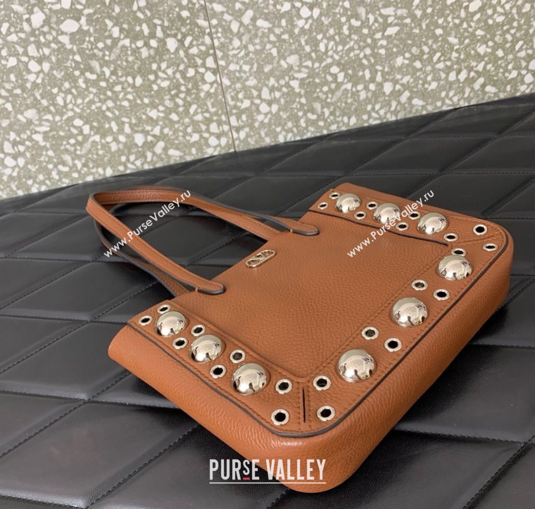 Valentino Mini Nellcôte Shopping Bag in Grainy Calfskin with Ball Studs Brown 2025 0078 (LKF-250626044)