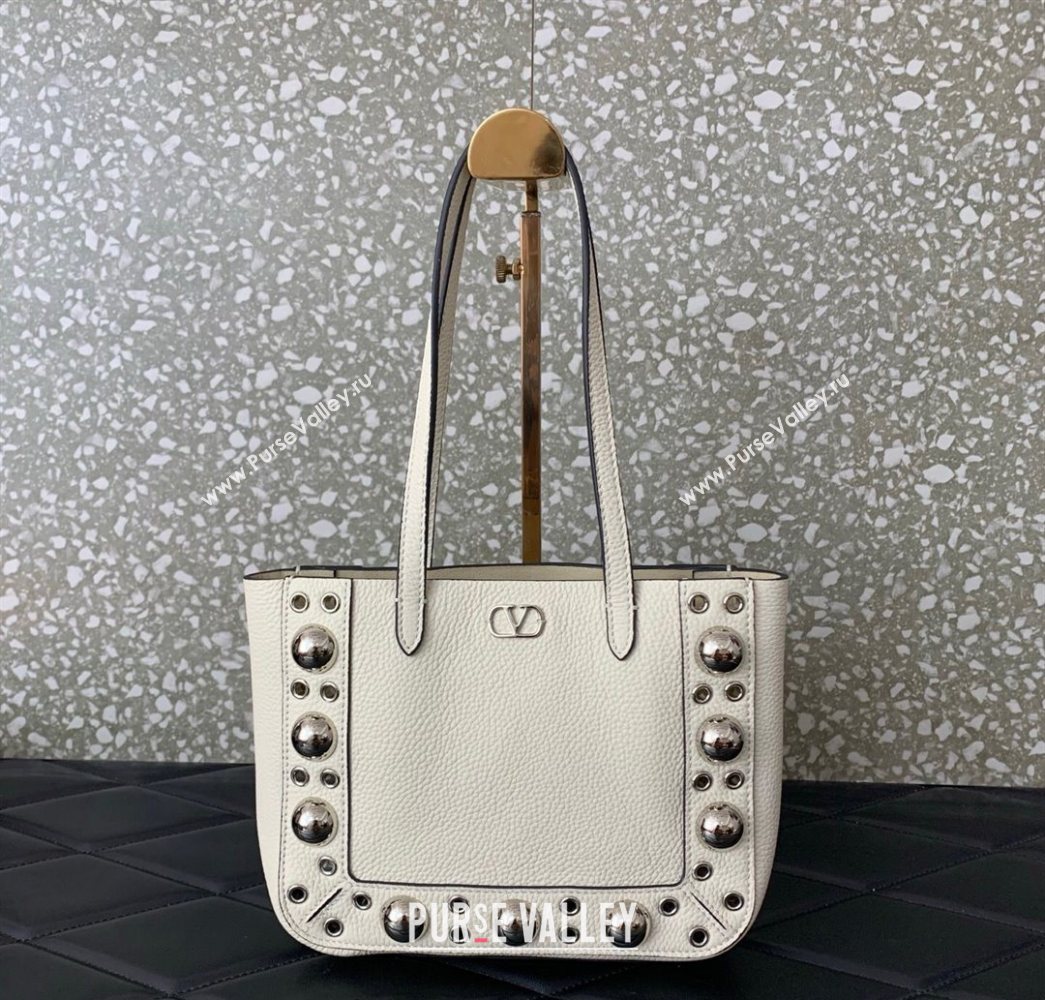 Valentino Mini Nellcôte Shopping Bag in Grainy Calfskin with Ball Studs White 2025 0078 (LKF-250626045)