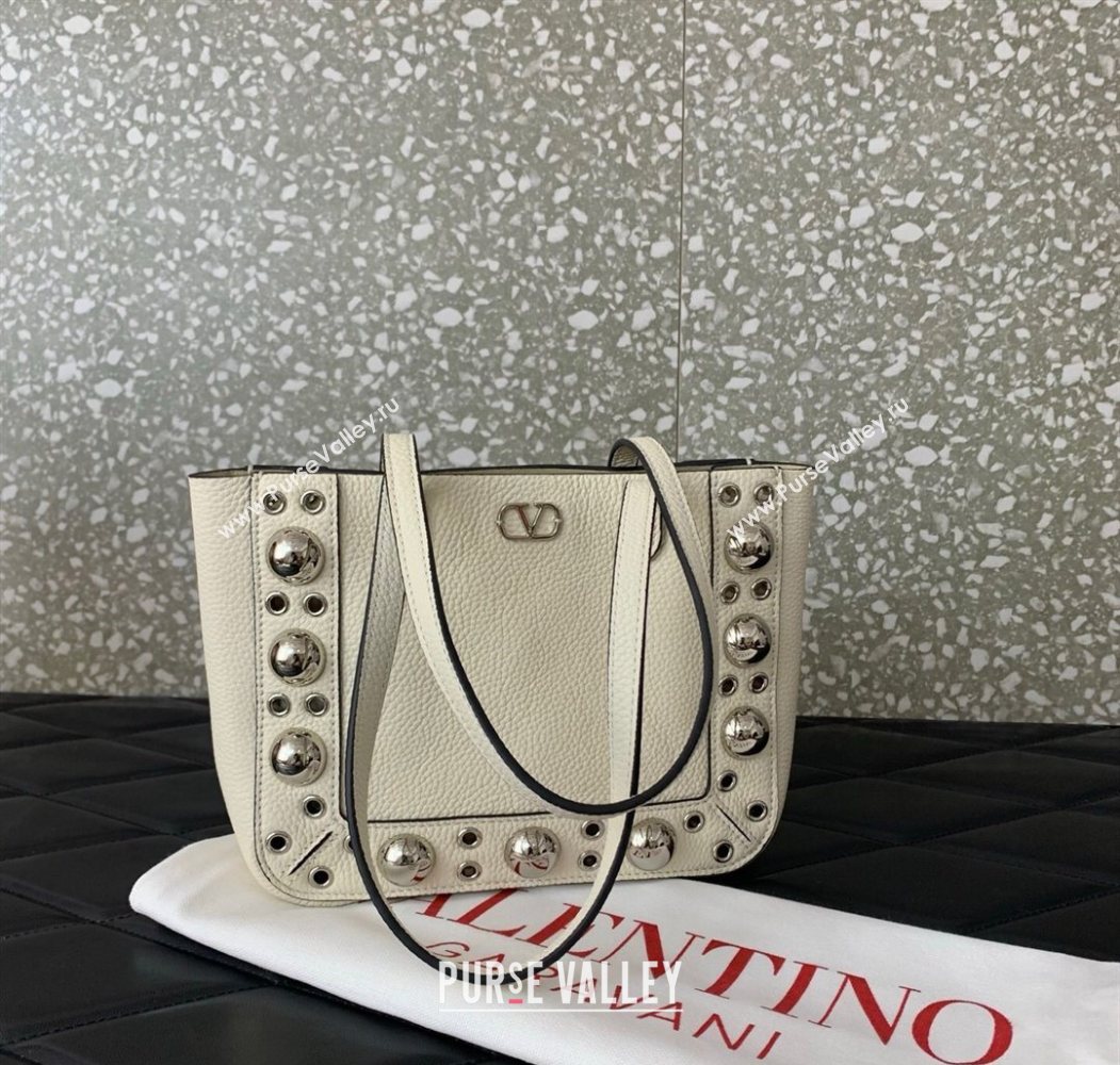 Valentino Mini Nellcôte Shopping Bag in Grainy Calfskin with Ball Studs White 2025 0078 (LKF-250626045)