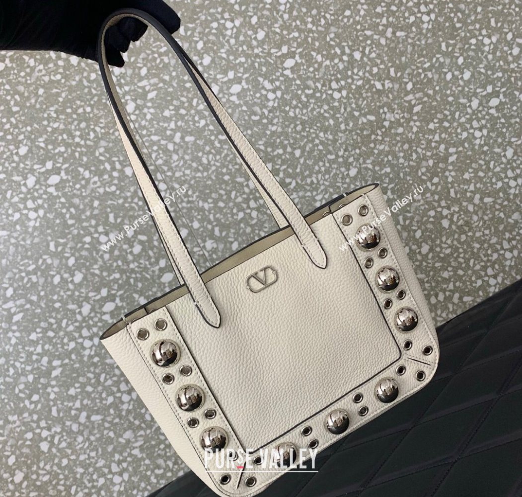 Valentino Mini Nellcôte Shopping Bag in Grainy Calfskin with Ball Studs White 2025 0078 (LKF-250626045)