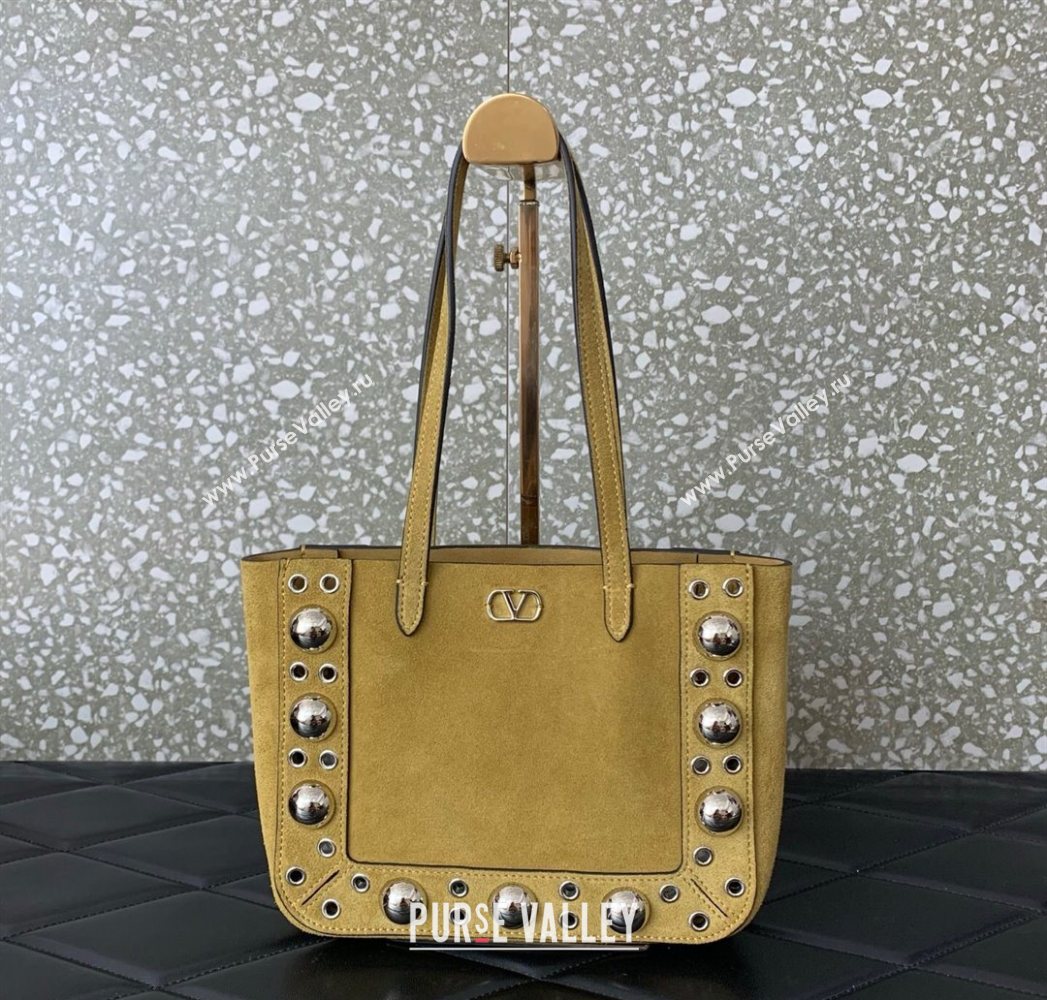 Valentino Mini Nellcôte Shopping Bag in Suede with Ball Studs Khaki 2025 0078 (LKF-250626046)