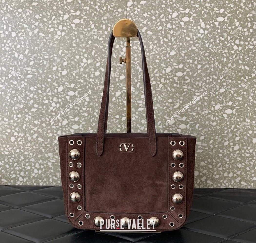 Valentino Mini Nellcôte Shopping Bag in Suede with Ball Studs Brown 2025 0078 (LKF-250626047)