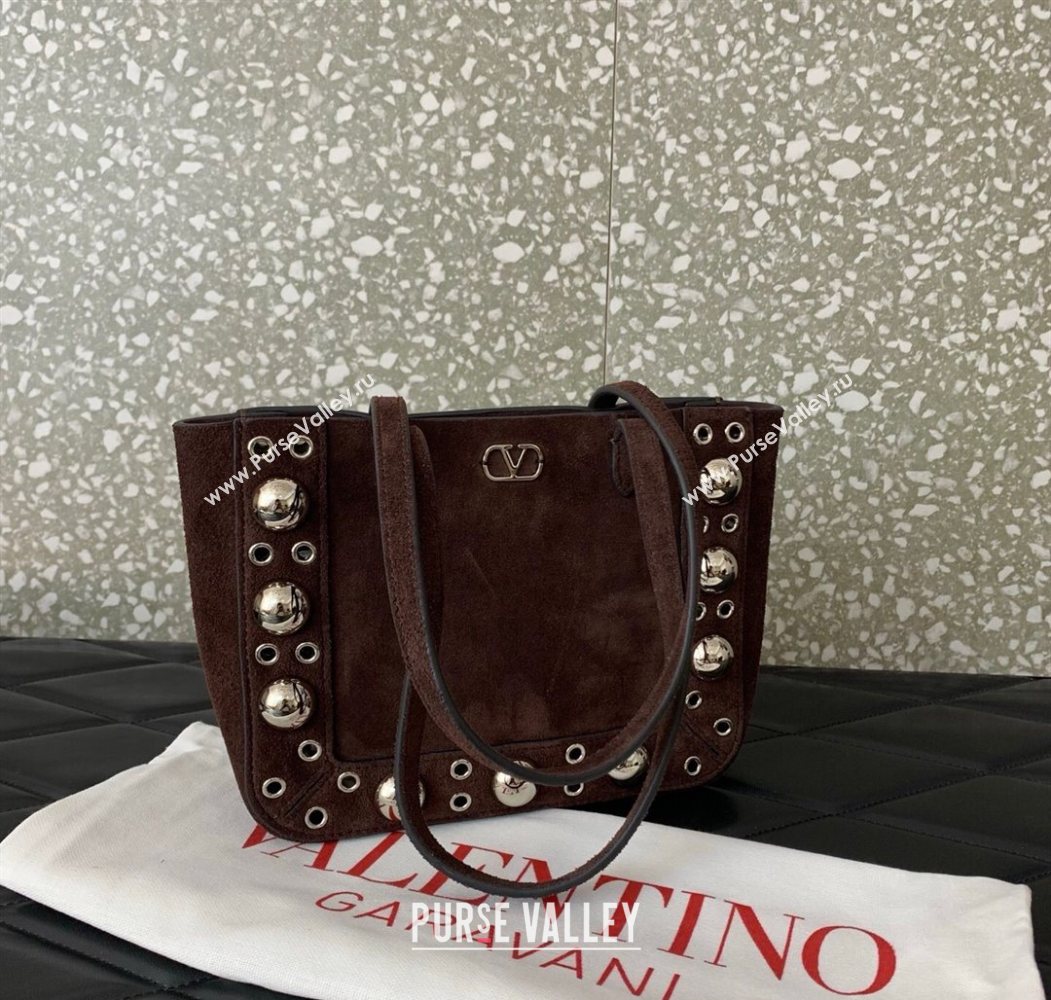 Valentino Mini Nellcôte Shopping Bag in Suede with Ball Studs Brown 2025 0078 (LKF-250626047)