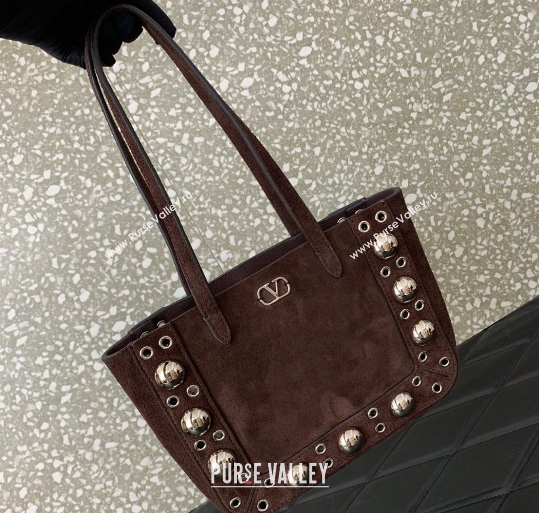Valentino Mini Nellcôte Shopping Bag in Suede with Ball Studs Brown 2025 0078 (LKF-250626047)