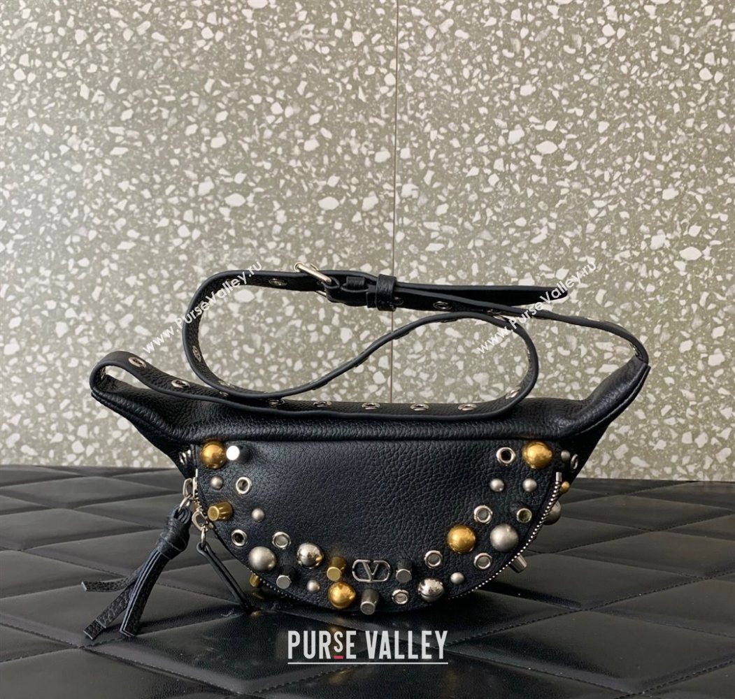 Valentino Nellcôte Belt Bag in Grainy Calfskin with Studs Black 2025 2039 (LKF-250626054)