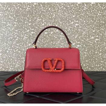 Valentino Small VSLING Grainy Calfskin Handbag with Strass Red 2025 7020 (LKF-250626013)