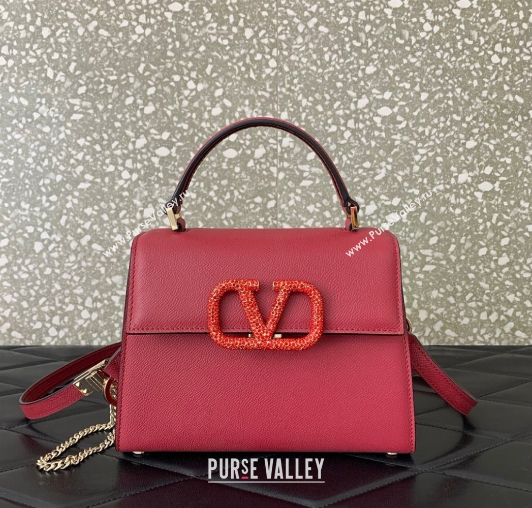 Valentino Small VSLING Grainy Calfskin Handbag with Strass Red 2025 7020 (LKF-250626013)