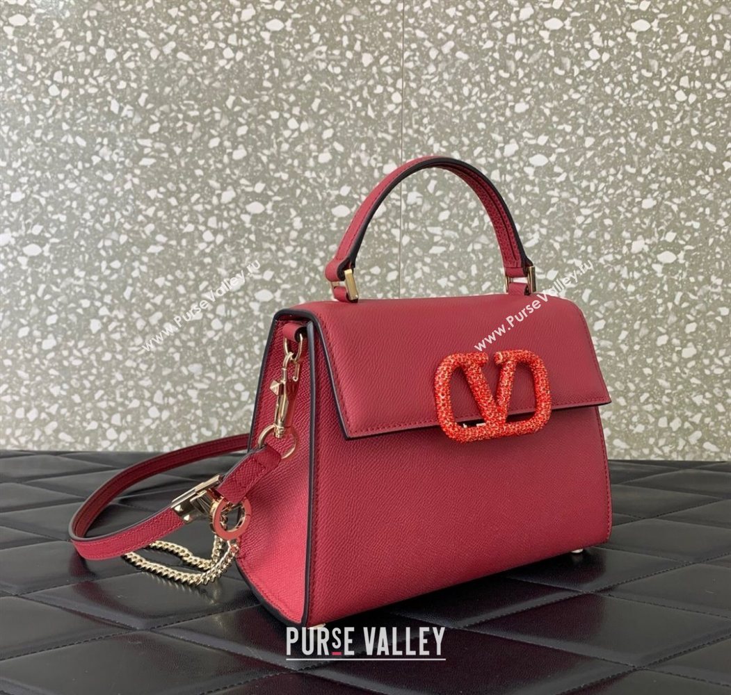 Valentino Small VSLING Grainy Calfskin Handbag with Strass Red 2025 7020 (LKF-250626013)