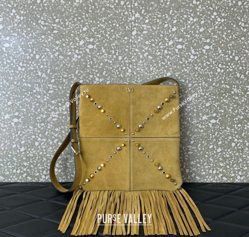 Valentino Nellcôte Shoulder Bag in Suede with Fringes Tassel and Studs Khaki 2025 2027 (LKF-250626058)