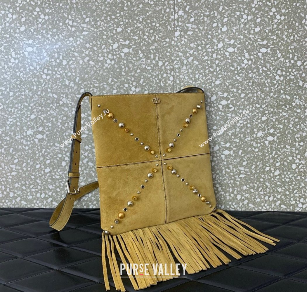 Valentino Nellcôte Shoulder Bag in Suede with Fringes Tassel and Studs Khaki 2025 2027 (LKF-250626058)
