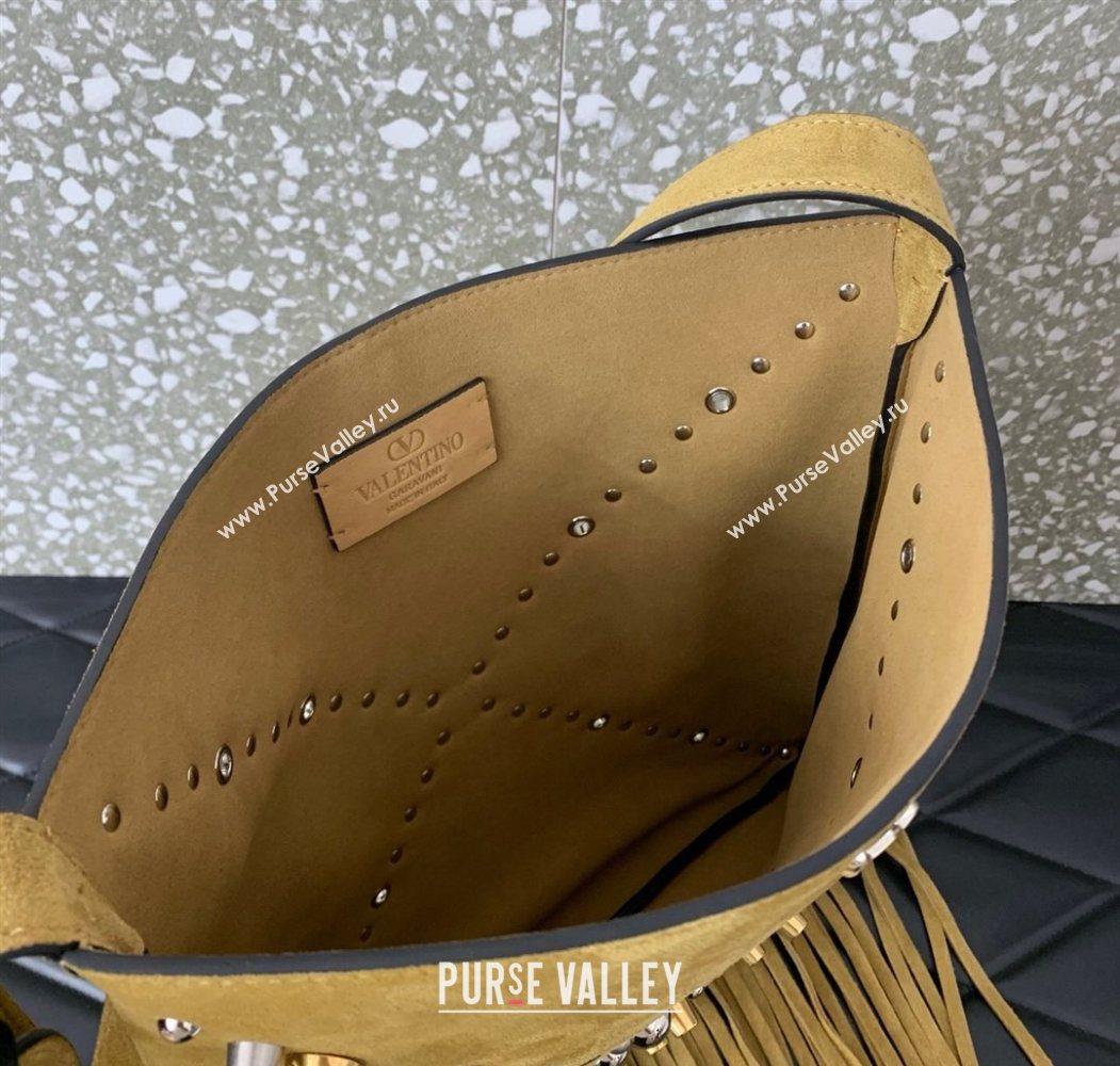 Valentino Nellcôte Shoulder Bag in Suede with Fringes Tassel and Studs Khaki 2025 2027 (LKF-250626058)