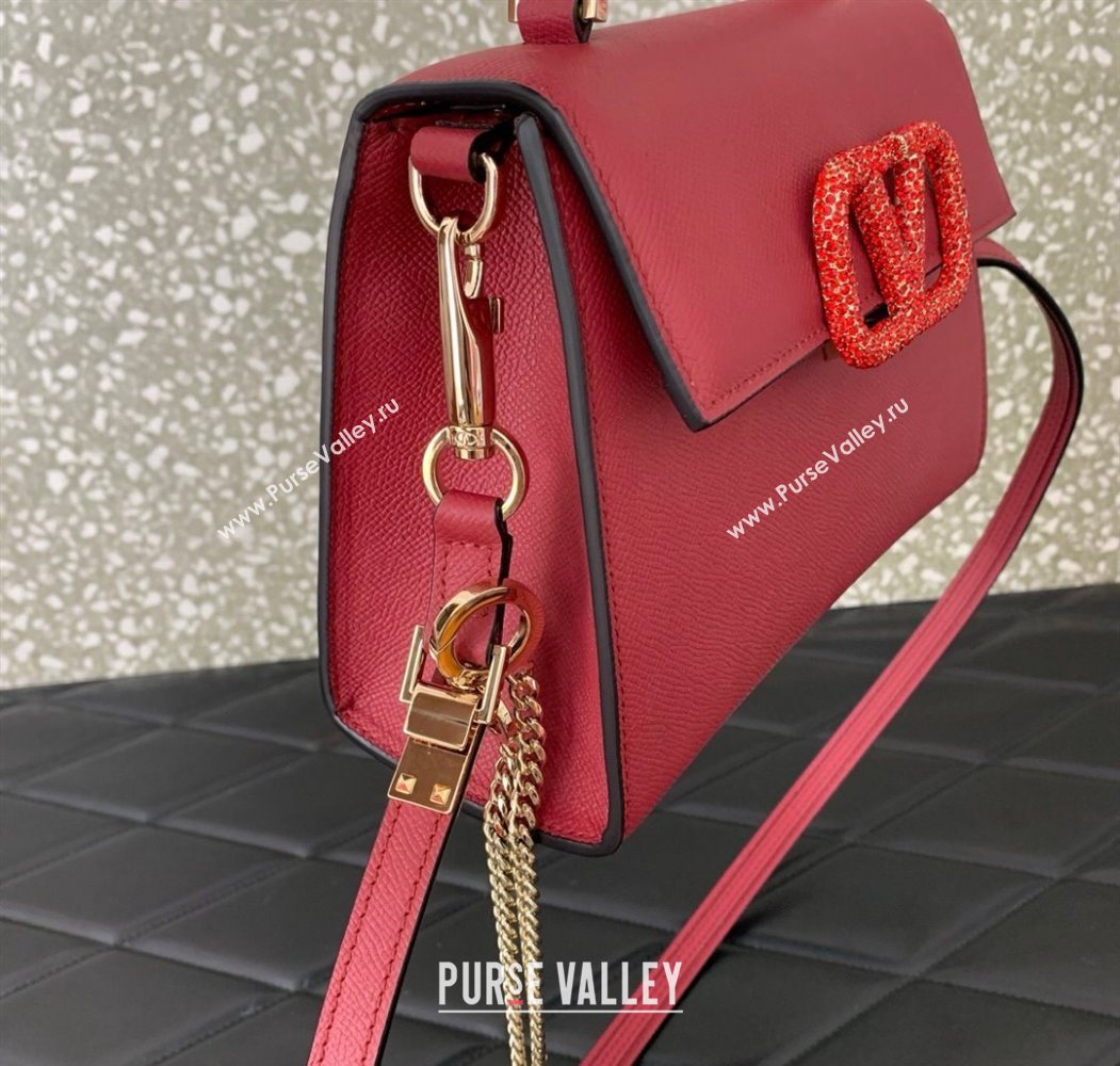 Valentino Small VSLING Grainy Calfskin Handbag with Strass Red 2025 7020 (LKF-250626013)