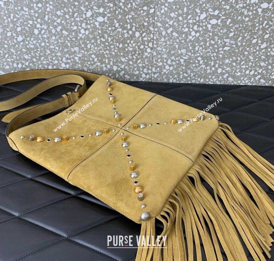 Valentino Nellcôte Shoulder Bag in Suede with Fringes Tassel and Studs Khaki 2025 2027 (LKF-250626058)