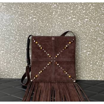 Valentino Nellcôte Shoulder Bag in Suede with Fringes Tassel and Studs Brown 2025 2027 (LKF-250626059)