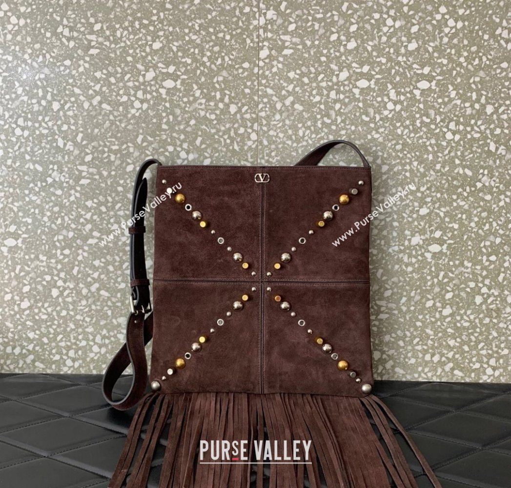 Valentino Nellcôte Shoulder Bag in Suede with Fringes Tassel and Studs Brown 2025 2027 (LKF-250626059)