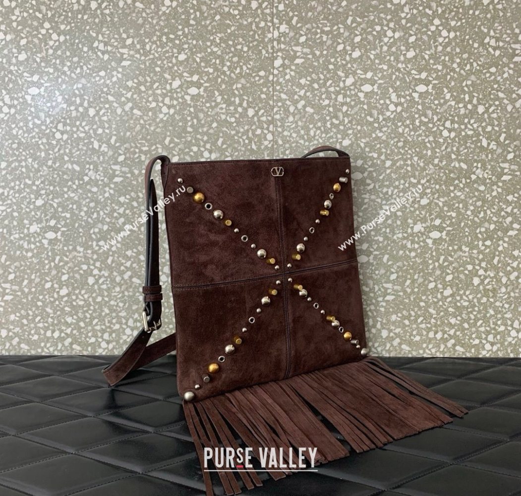 Valentino Nellcôte Shoulder Bag in Suede with Fringes Tassel and Studs Brown 2025 2027 (LKF-250626059)