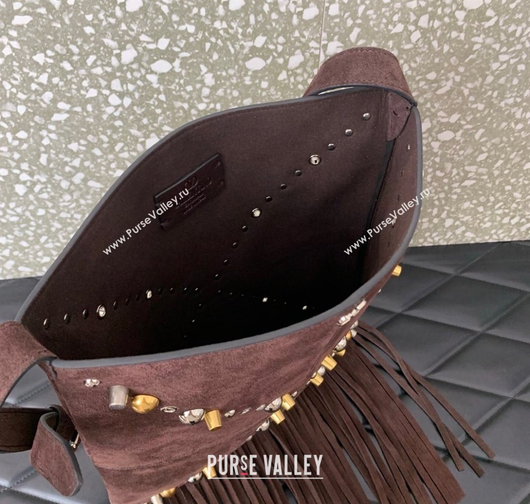 Valentino Nellcôte Shoulder Bag in Suede with Fringes Tassel and Studs Brown 2025 2027 (LKF-250626059)