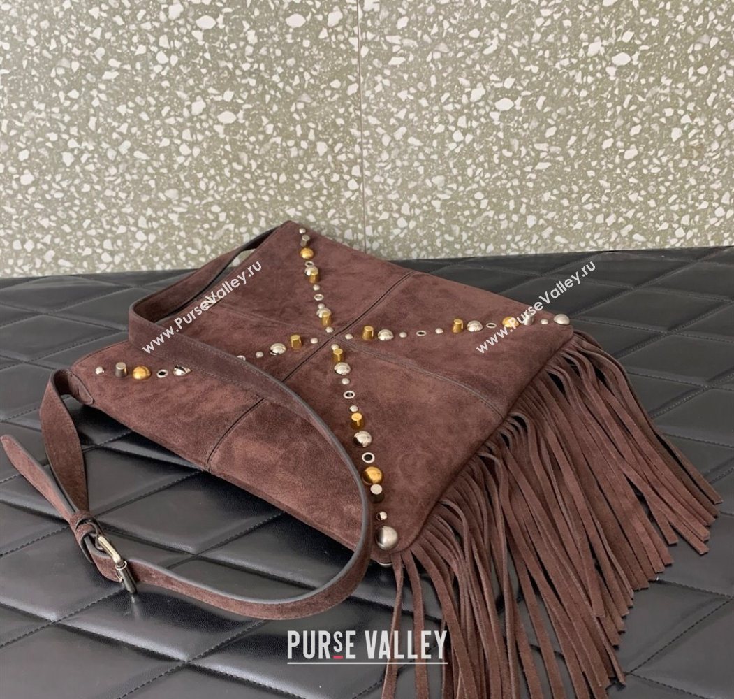 Valentino Nellcôte Shoulder Bag in Suede with Fringes Tassel and Studs Brown 2025 2027 (LKF-250626059)