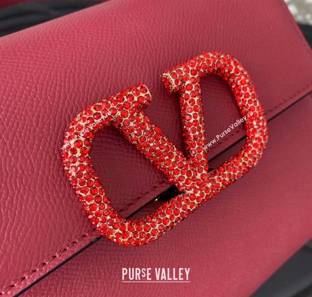 Valentino Small VSLING Grainy Calfskin Handbag with Strass Red 2025 7020 (LKF-250626013)