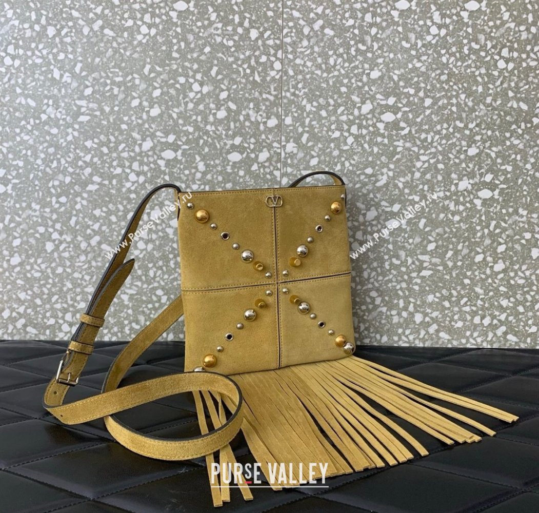 Valentino Nellcôte Small Shoulder Bag in Suede with Fringes Tassel and Studs Khaki 2025 2028 (LKF-250626056)