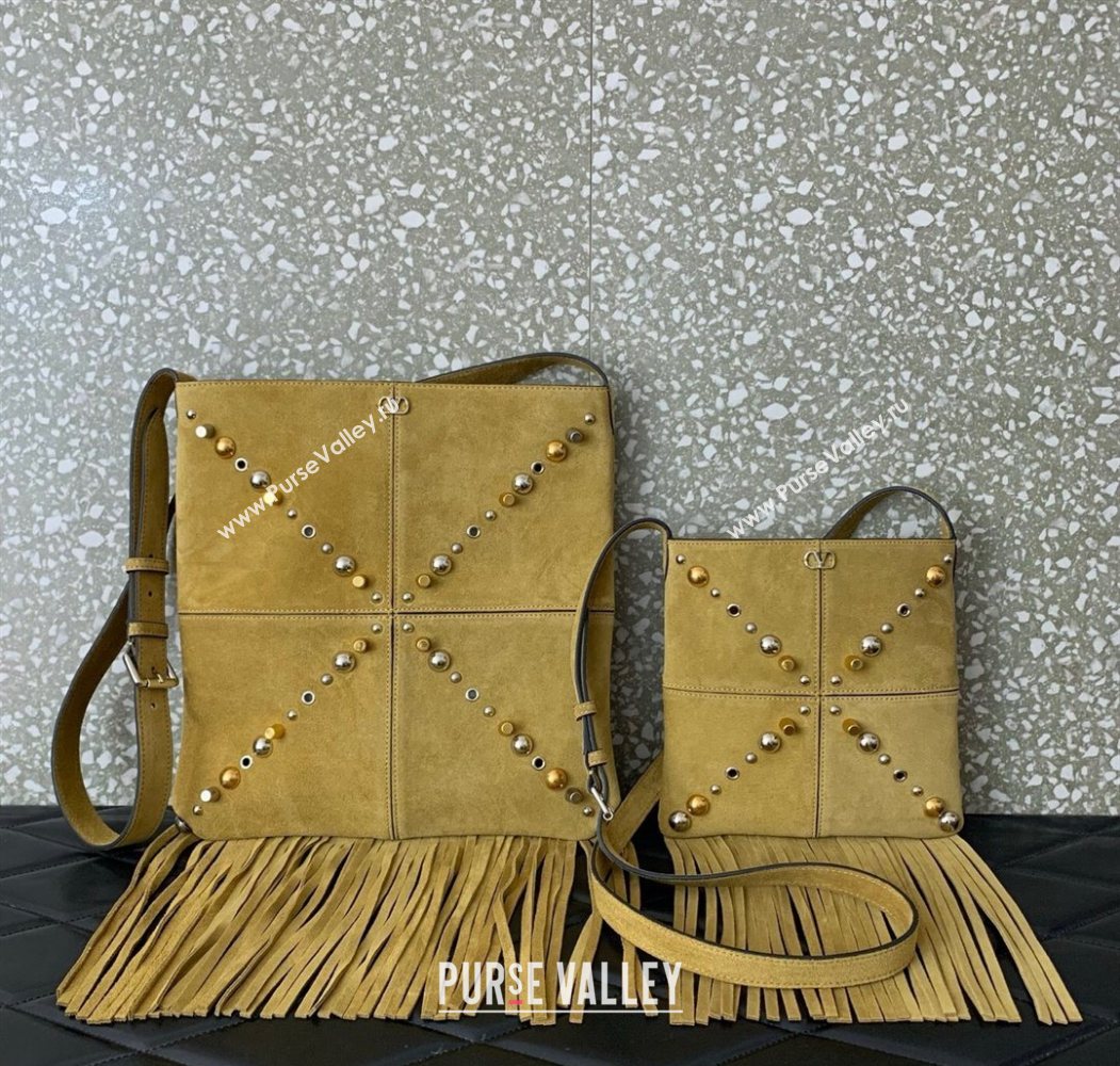 Valentino Nellcôte Small Shoulder Bag in Suede with Fringes Tassel and Studs Khaki 2025 2028 (LKF-250626056)