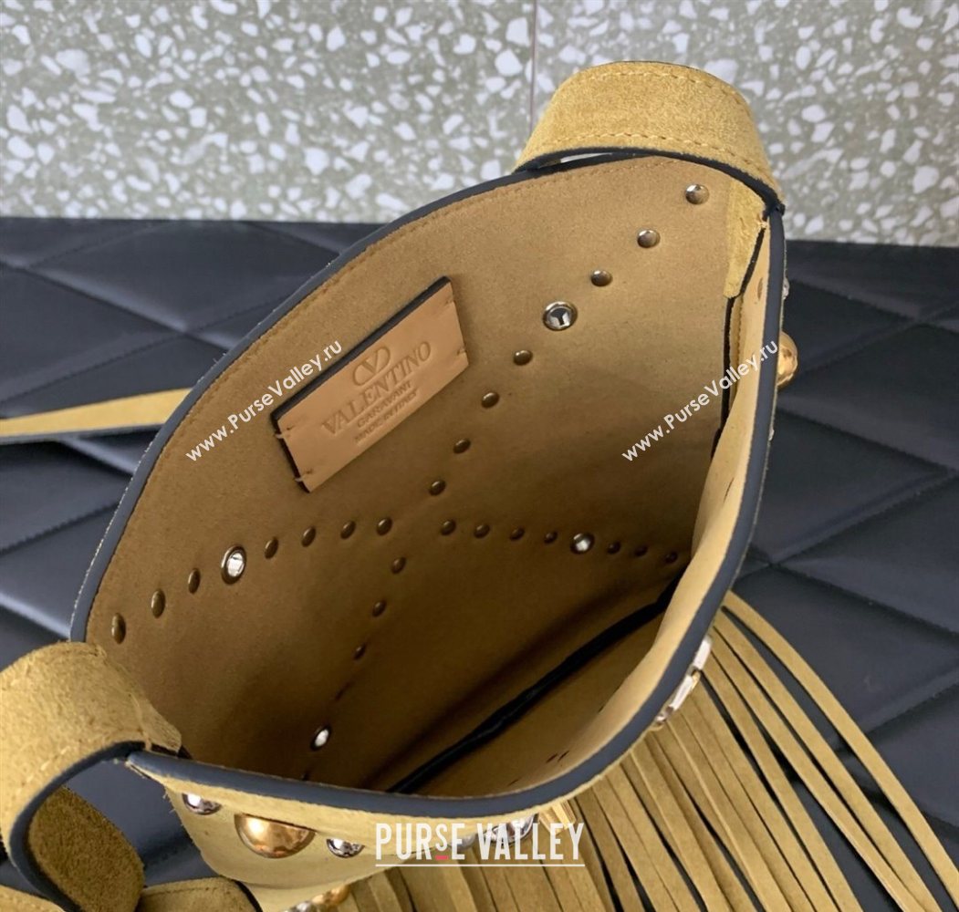 Valentino Nellcôte Small Shoulder Bag in Suede with Fringes Tassel and Studs Khaki 2025 2028 (LKF-250626056)