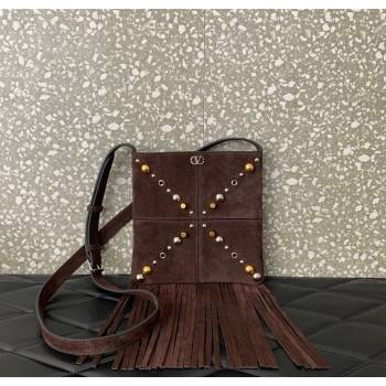 Valentino Nellcôte Small Shoulder Bag in Suede with Fringes Tassel and Studs Brown 2025 2028 (LKF-250626057)