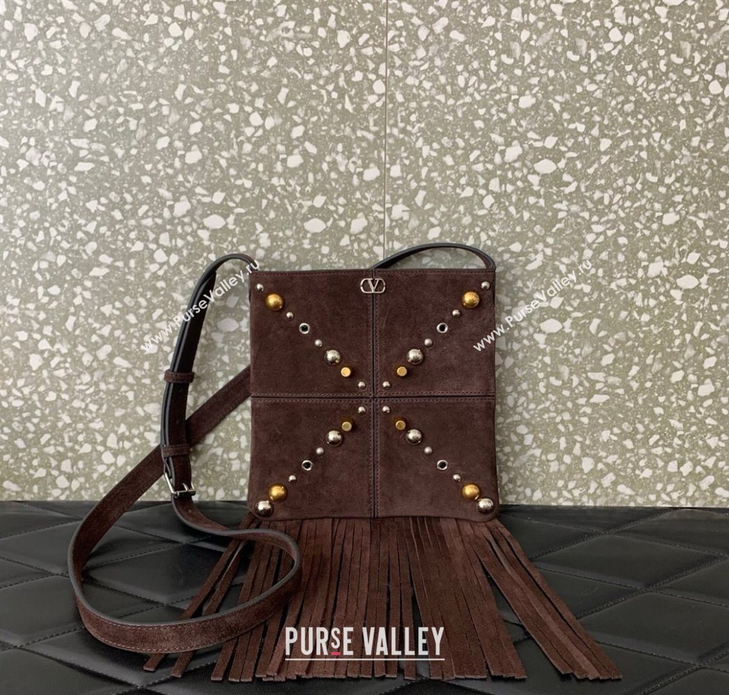 Valentino Nellcôte Small Shoulder Bag in Suede with Fringes Tassel and Studs Brown 2025 2028 (LKF-250626057)