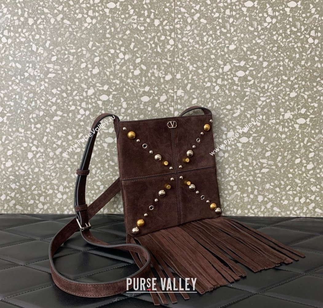 Valentino Nellcôte Small Shoulder Bag in Suede with Fringes Tassel and Studs Brown 2025 2028 (LKF-250626057)