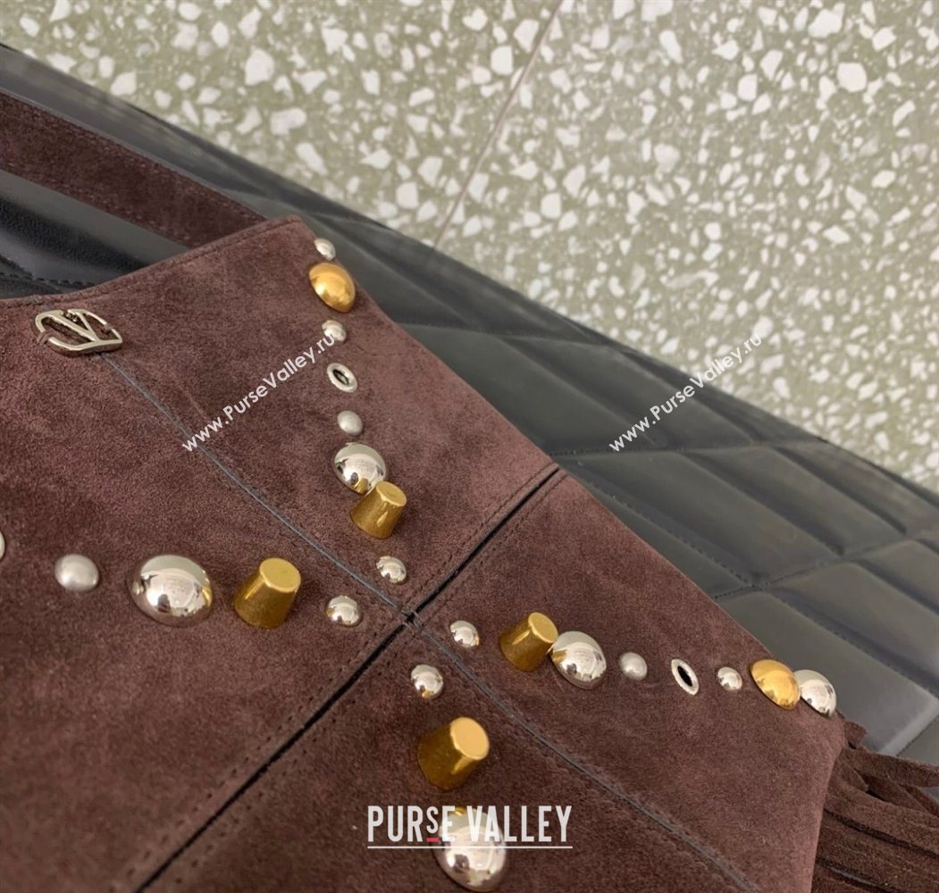 Valentino Nellcôte Small Shoulder Bag in Suede with Fringes Tassel and Studs Brown 2025 2028 (LKF-250626057)