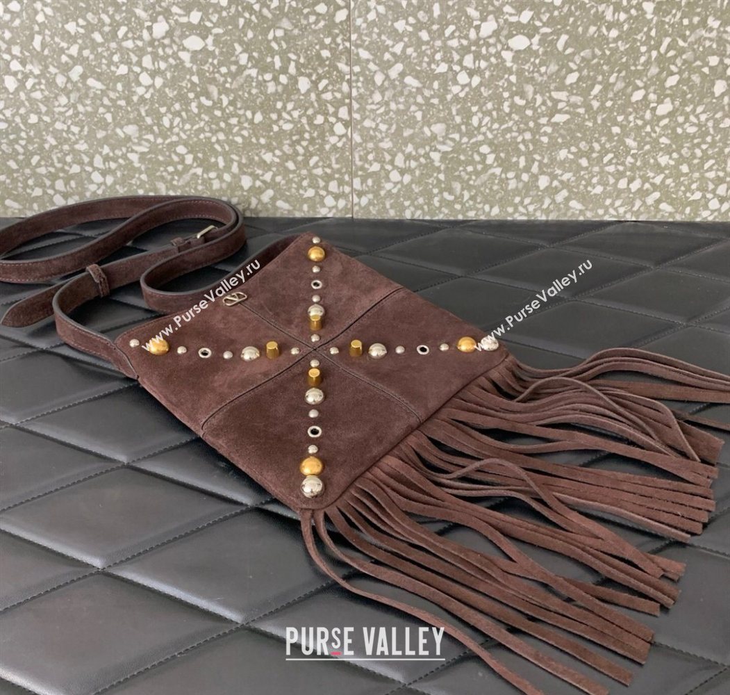 Valentino Nellcôte Small Shoulder Bag in Suede with Fringes Tassel and Studs Brown 2025 2028 (LKF-250626057)