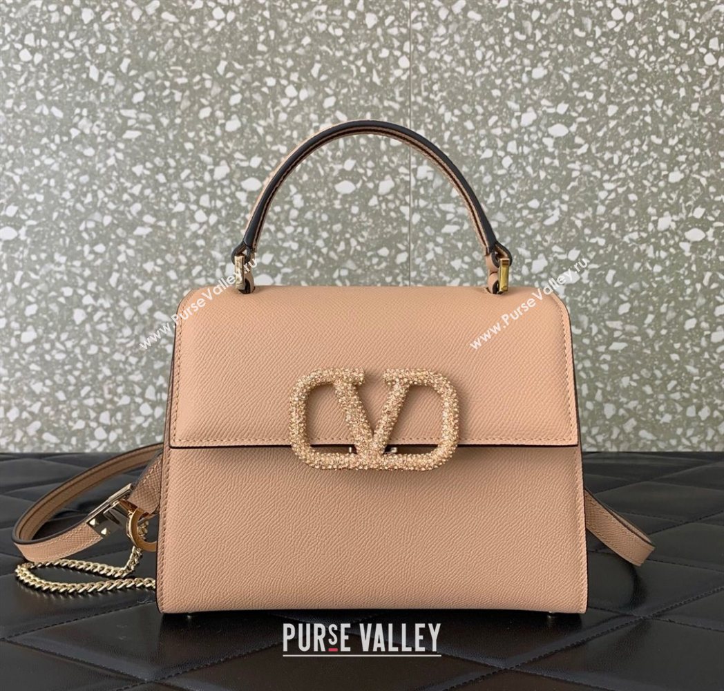 Valentino Small VSLING Grainy Calfskin Handbag with Strass Light Pink 2025 7020 (LKF-250626014)