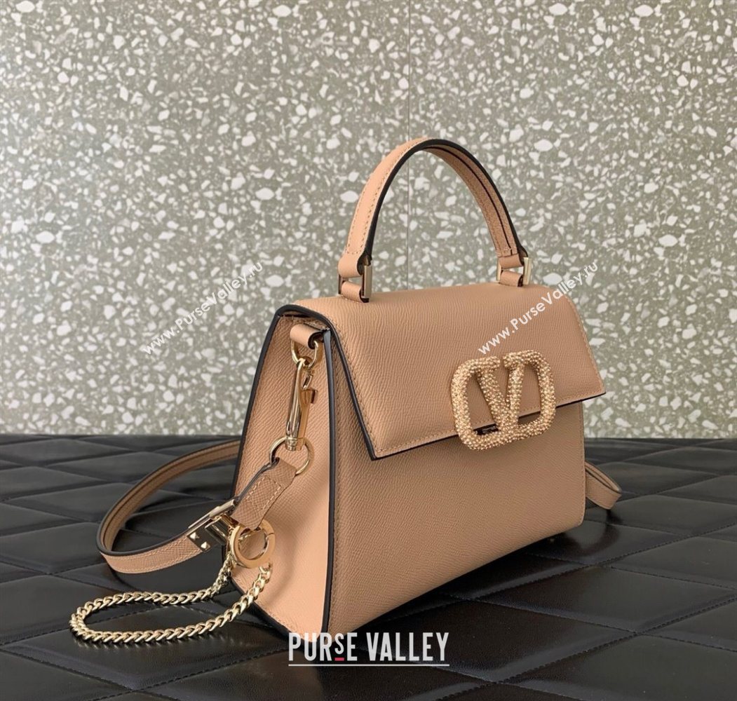 Valentino Small VSLING Grainy Calfskin Handbag with Strass Light Pink 2025 7020 (LKF-250626014)