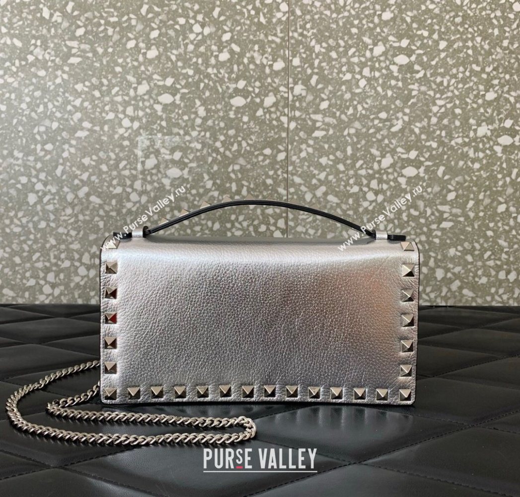 Valentino Rockstud Wallet with Chain in Grainy Calfskin Silver 2025 VLTN098 (LKF-250626028)