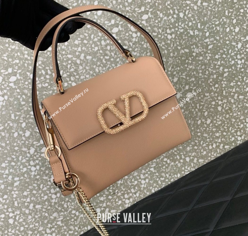 Valentino Small VSLING Grainy Calfskin Handbag with Strass Light Pink 2025 7020 (LKF-250626014)