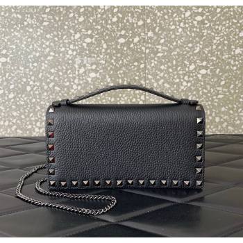 Valentino Rockstud Wallet with Chain in Grainy Calfskin Black/Gunmetal 2025 VLTN098 (LKF-250626029)