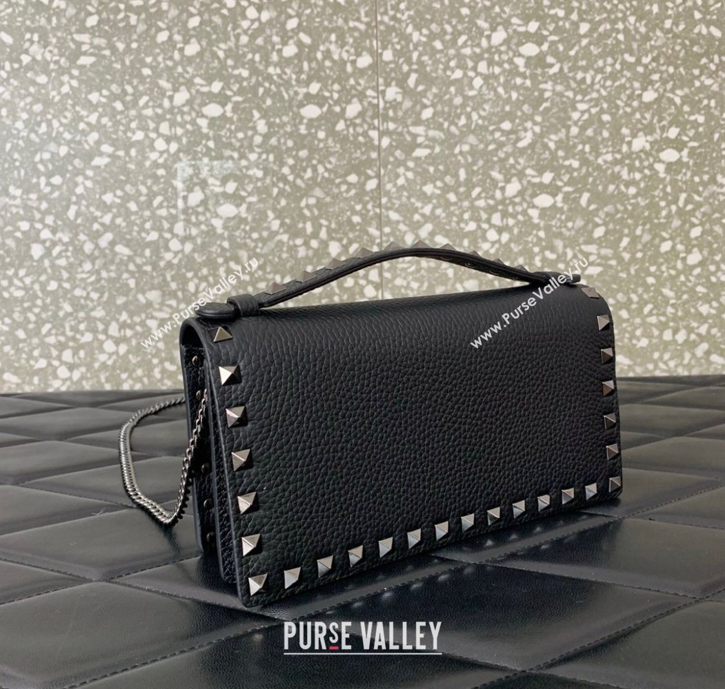 Valentino Rockstud Wallet with Chain in Grainy Calfskin Black/Gunmetal 2025 VLTN098 (LKF-250626029)