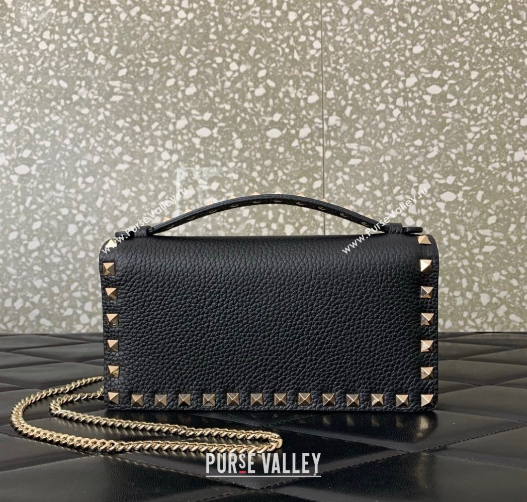 Valentino Rockstud Wallet with Chain in Grainy Calfskin Black/Gold 2025 VLTN098 (LKF-250626030)