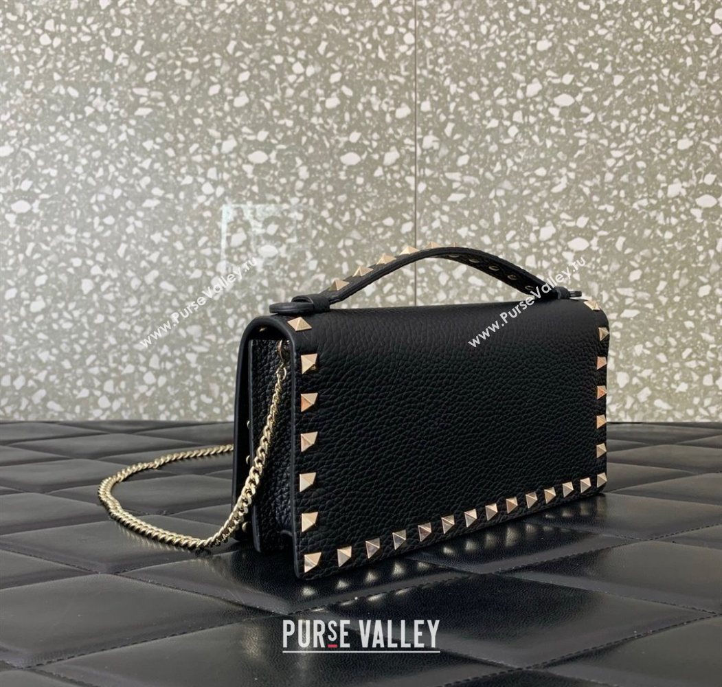 Valentino Rockstud Wallet with Chain in Grainy Calfskin Black/Gold 2025 VLTN098 (LKF-250626030)