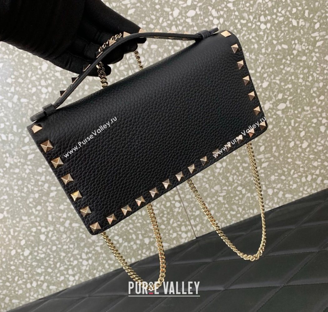 Valentino Rockstud Wallet with Chain in Grainy Calfskin Black/Gold 2025 VLTN098 (LKF-250626030)