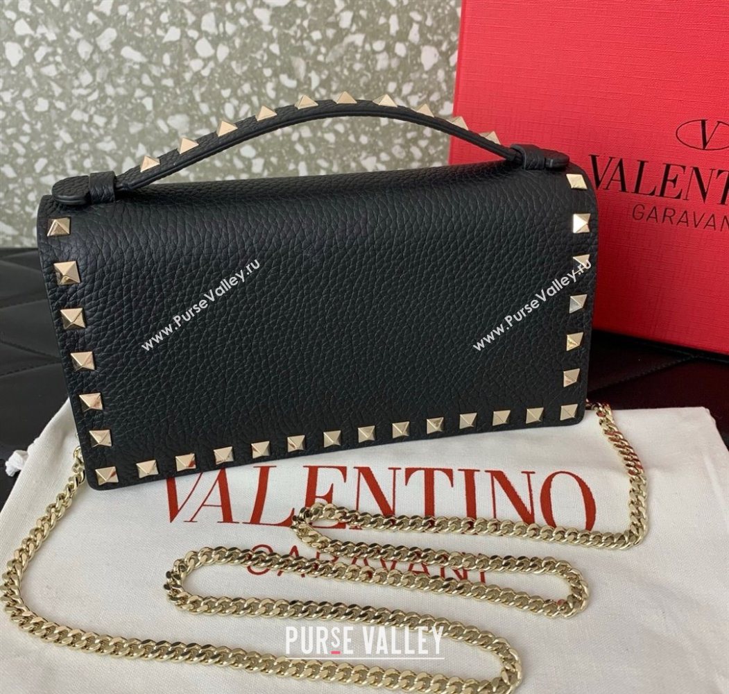 Valentino Rockstud Wallet with Chain in Grainy Calfskin Black/Gold 2025 VLTN098 (LKF-250626030)