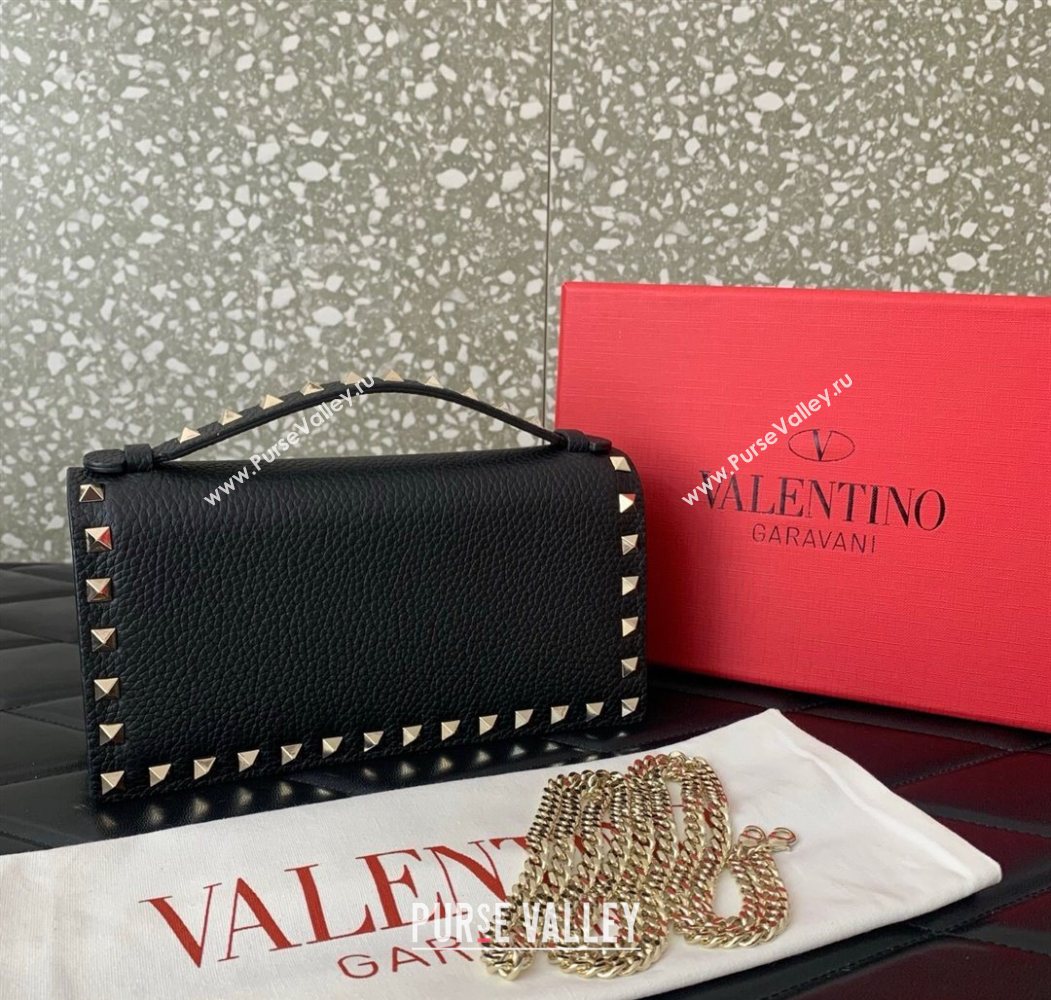 Valentino Rockstud Wallet with Chain in Grainy Calfskin Black/Gold 2025 VLTN098 (LKF-250626030)