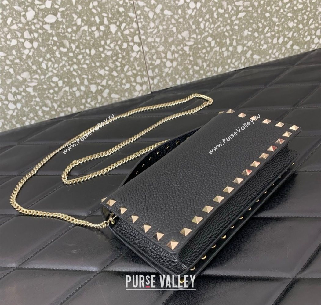 Valentino Rockstud Wallet with Chain in Grainy Calfskin Black/Gold 2025 VLTN098 (LKF-250626030)