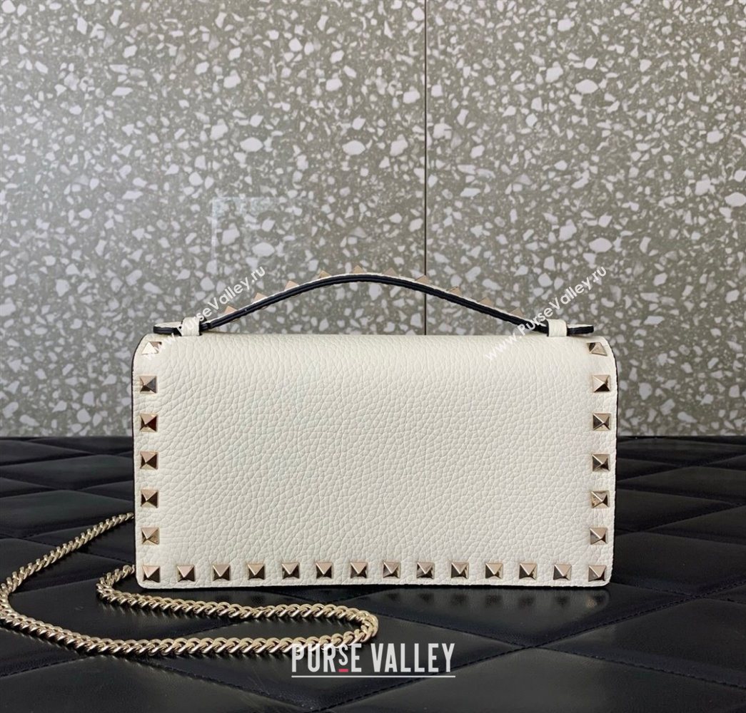 Valentino Rockstud Wallet with Chain in Grainy Calfskin White 2025 VLTN098 (LKF-250626033)