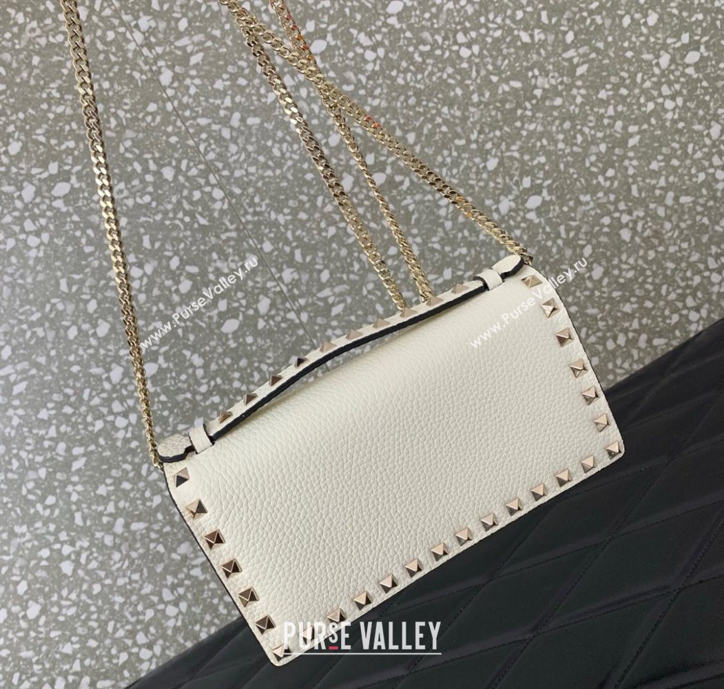 Valentino Rockstud Wallet with Chain in Grainy Calfskin White 2025 VLTN098 (LKF-250626033)
