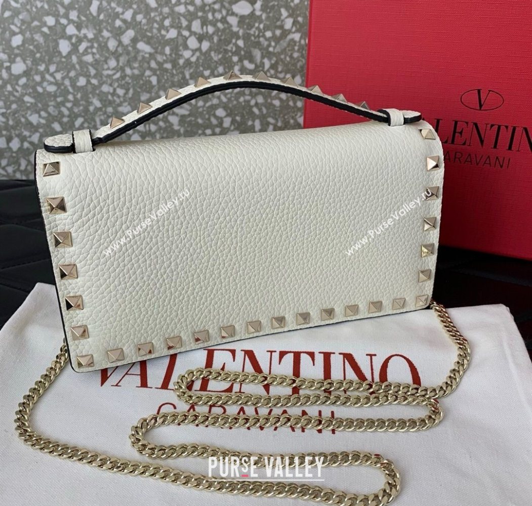 Valentino Rockstud Wallet with Chain in Grainy Calfskin White 2025 VLTN098 (LKF-250626033)